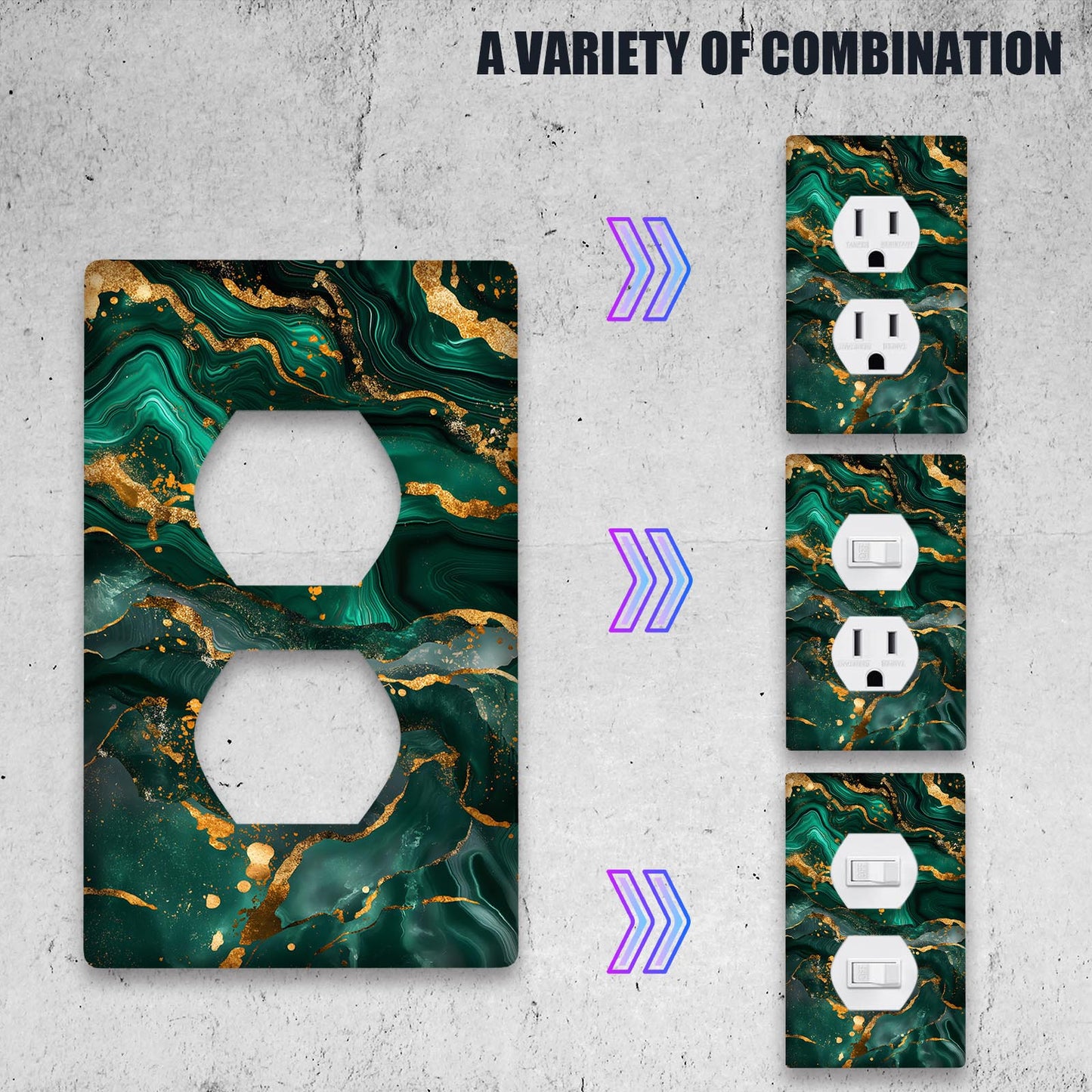 Switch cover with emerald & golden marble light for easy installation, no batteries needed, perfect for bathroom, bedroom, living room.