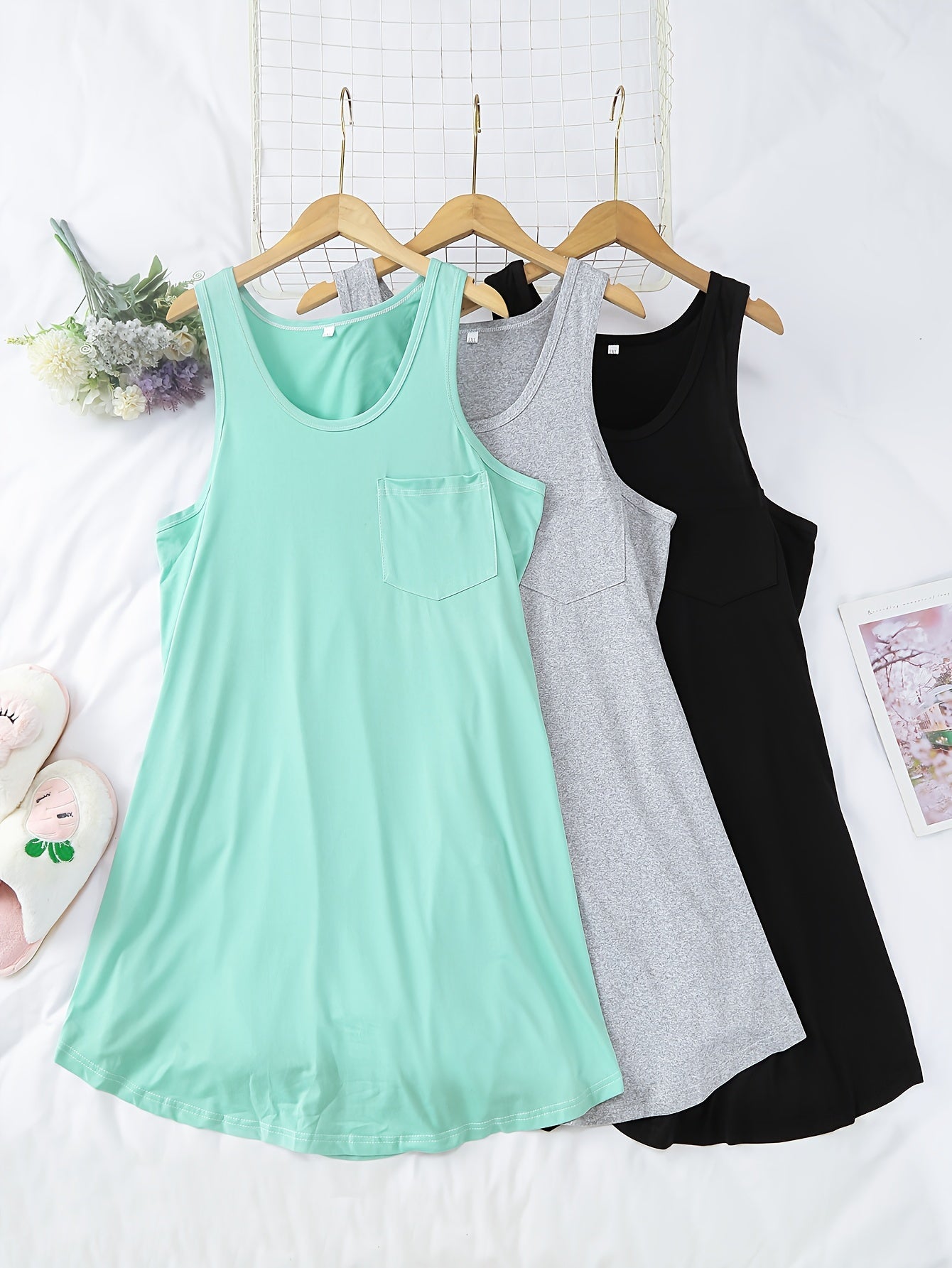 Conjunto de camisón de algodón de color sólido para mujer con bolsillos en el pecho