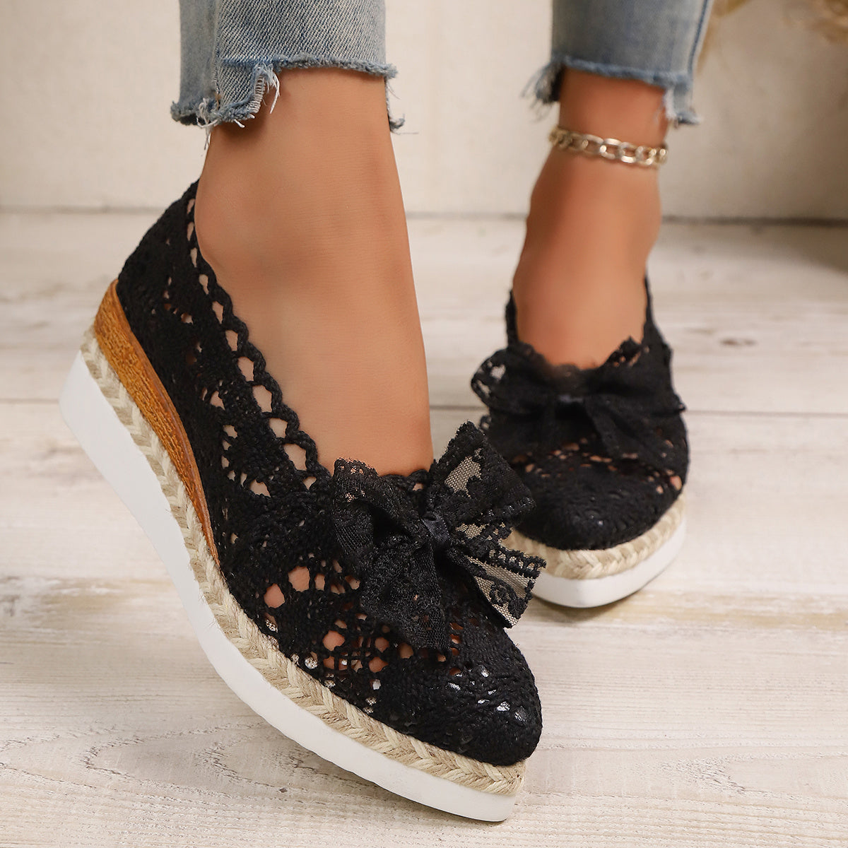 Women's Pointed Toe Espadrille Wedge Shoes with Bow Black Fabric Platform