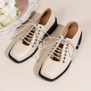 Women's Square Toe Block Heel Ankle Boots Black Leather Lace-Up Mid-Calf Stylish