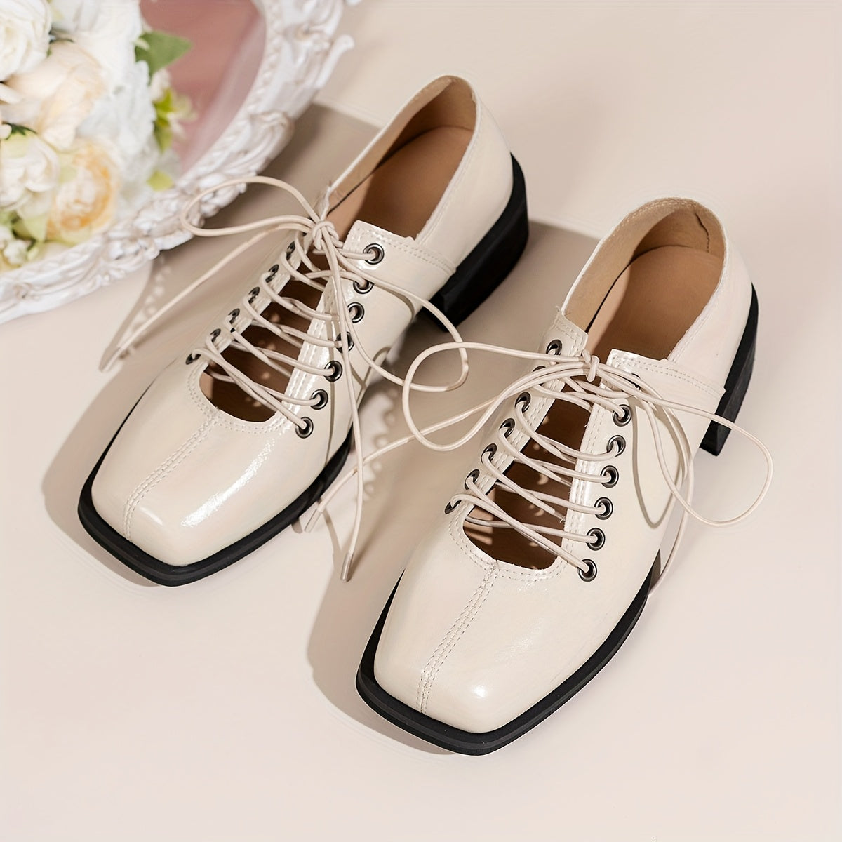 Women's Square Toe Block Heel Ankle Boots Black Leather Lace-Up Mid-Calf Stylish