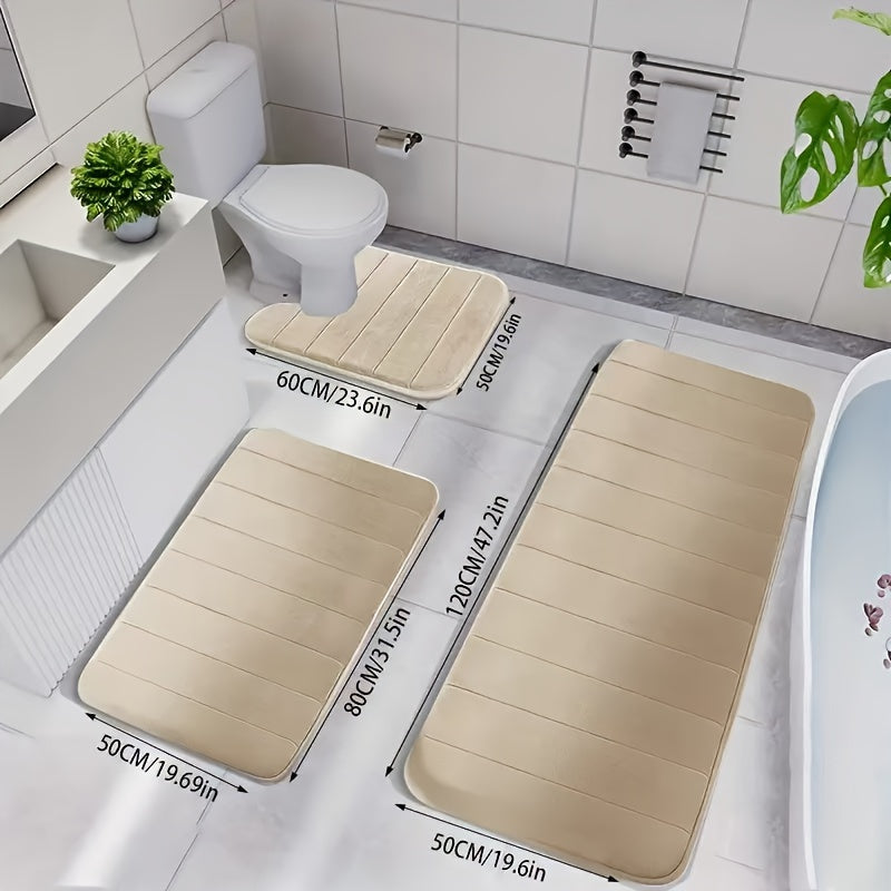 3-Piece Embossed Bathroom Rugs Set Non-Slip Coral Fleece Water Absorbent Kitchen Shower Mat