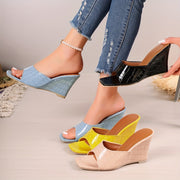 Women's Wedge Sandals Square Toe Slip-On High Heel Solid Color