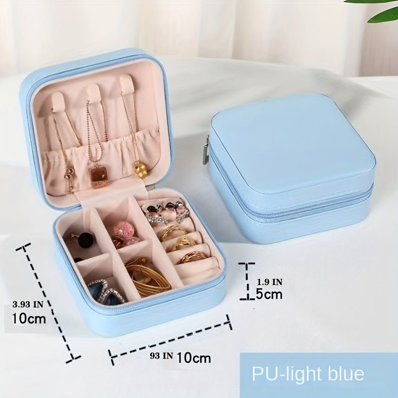 Klassik sun'iy charmdan yasalgan, uzuklar, marjonlar, bilakuzuklar va quloq bilagichlari uchun zip yopiq portativ sayohat zargarlik qutisi.