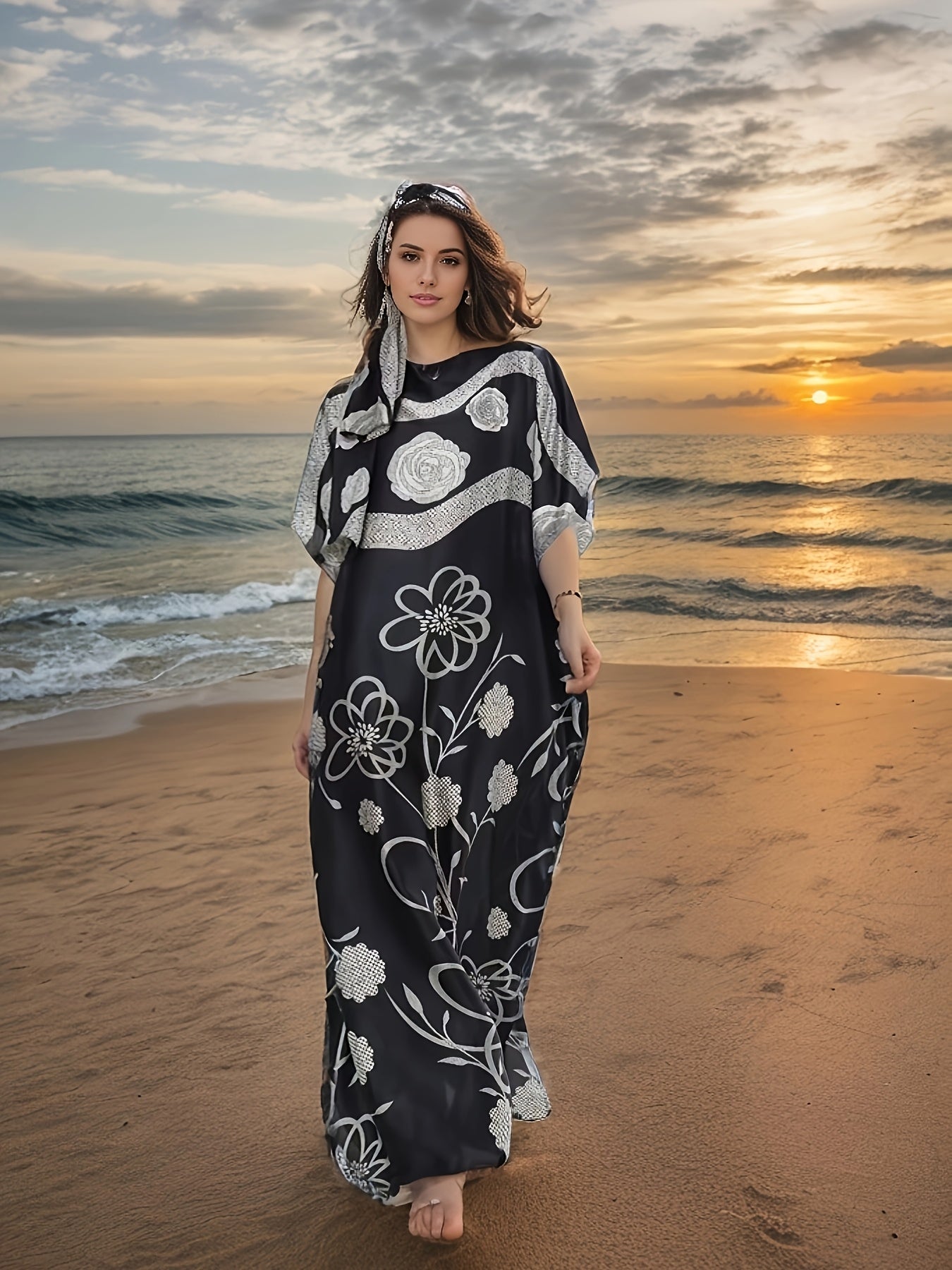 Vestido largo geométrico floral en negro y blanco para mujer, ajuste suelto, manga corta, para la playa