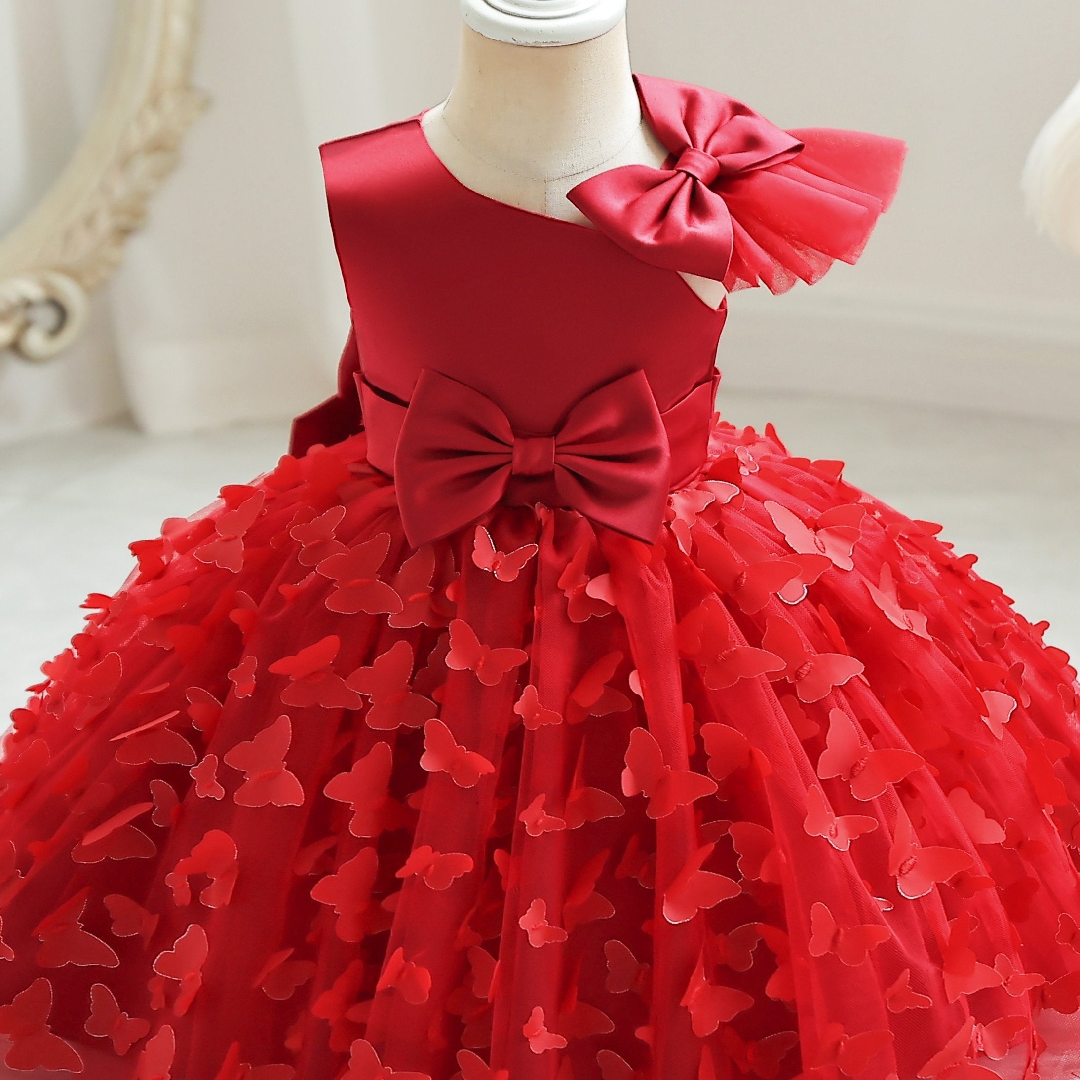 Girls Toddler Princess Dress Butterfly Design with Bow Belt Flutter Mesh Sleeves for Parties and Birthdays