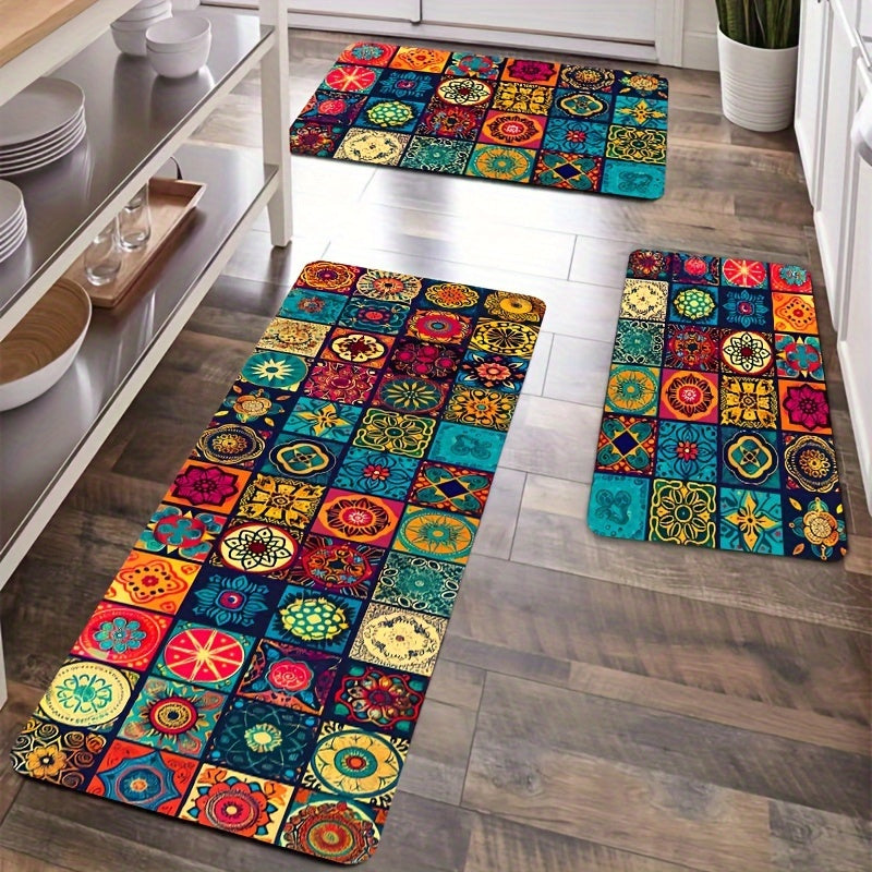 Bohemian Square Floor Mat Non-Slip 8mm Thick Polyester Indoor Outdoor