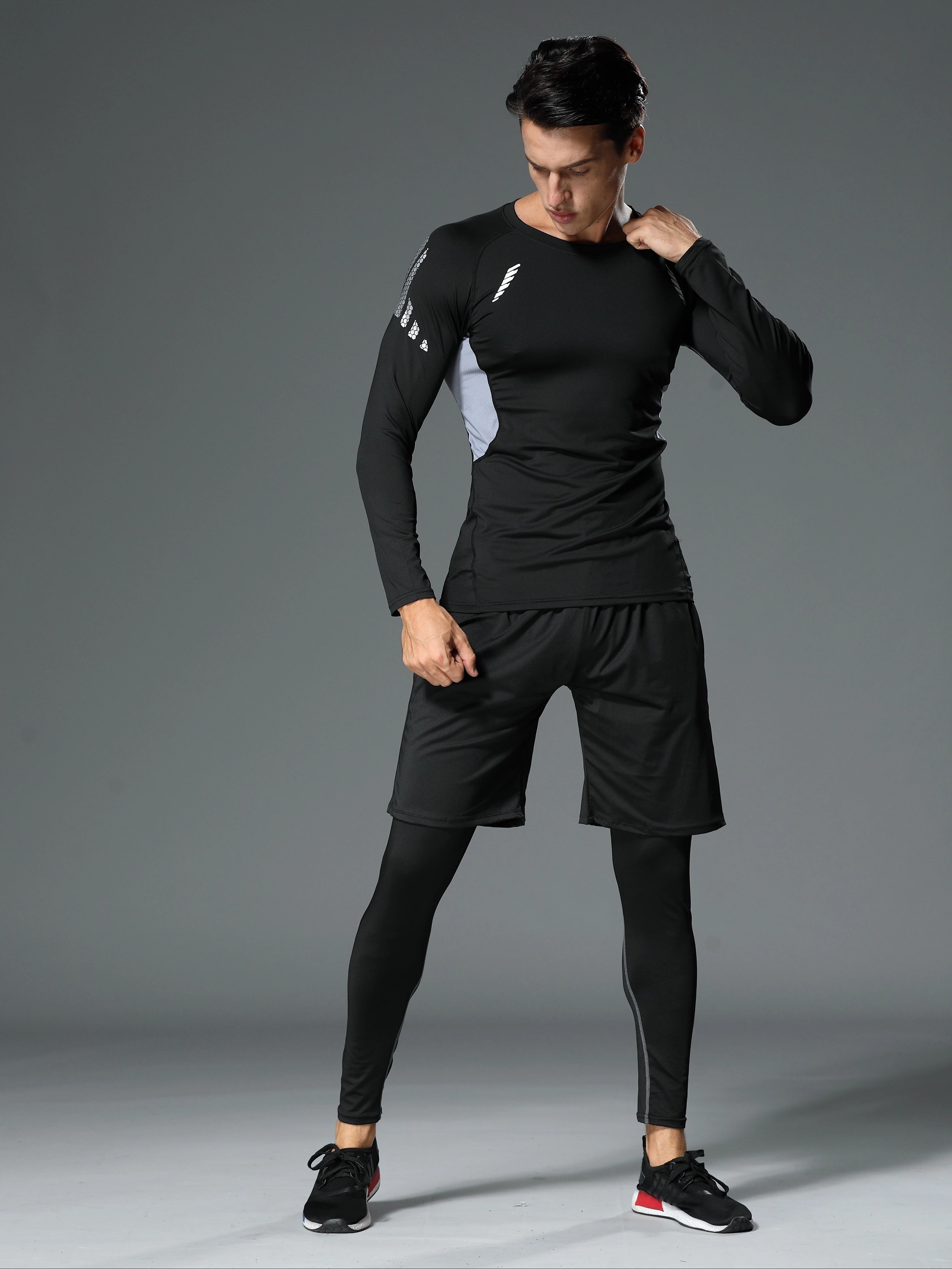 Men's Athletic Set Quick-Dry Polyester Crew Neck Top and Leggings for Running Training and Sports