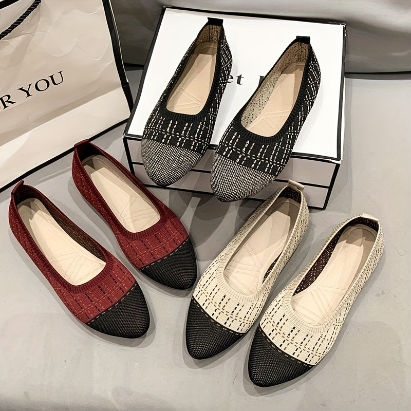 Women's Knit Slip-On Flats with Pointed Toe Black Beige Summer Shoes