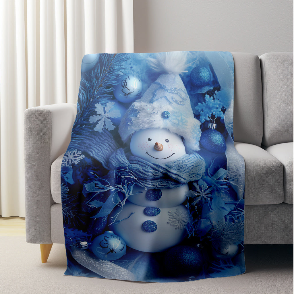 Warm Flannel Fleece Blanket with Snowman Blue Print for Cozy Use All Seasons