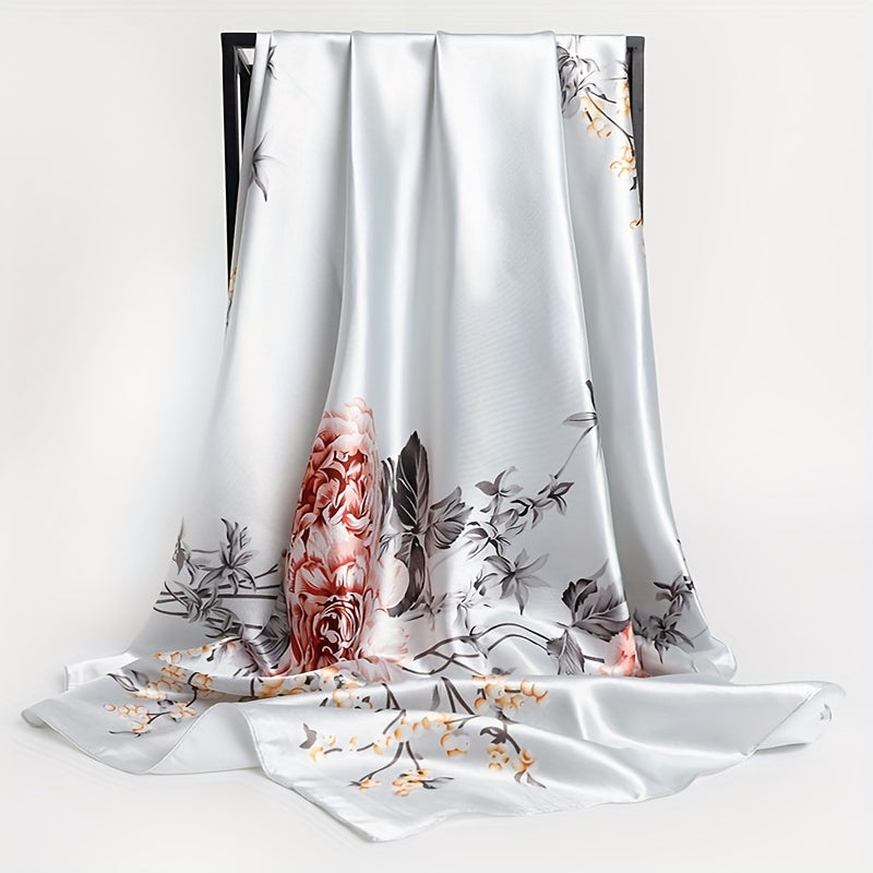 Women's Satin Flower Print Square Scarf 89.99cm Sun Protection Windproof Shawl