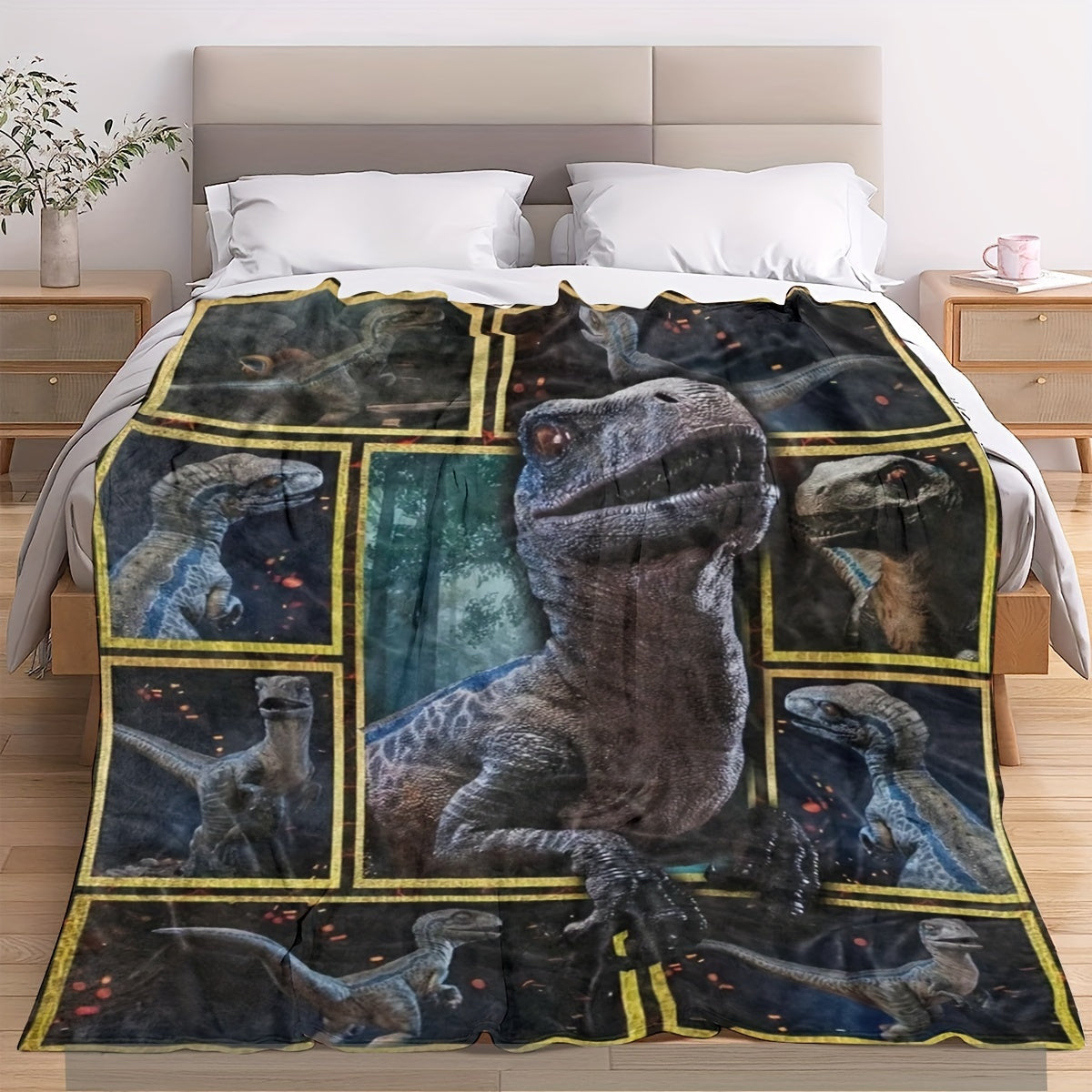 Plush Throw Blanket Geometric Dinosaur Pattern Polyester All-Season