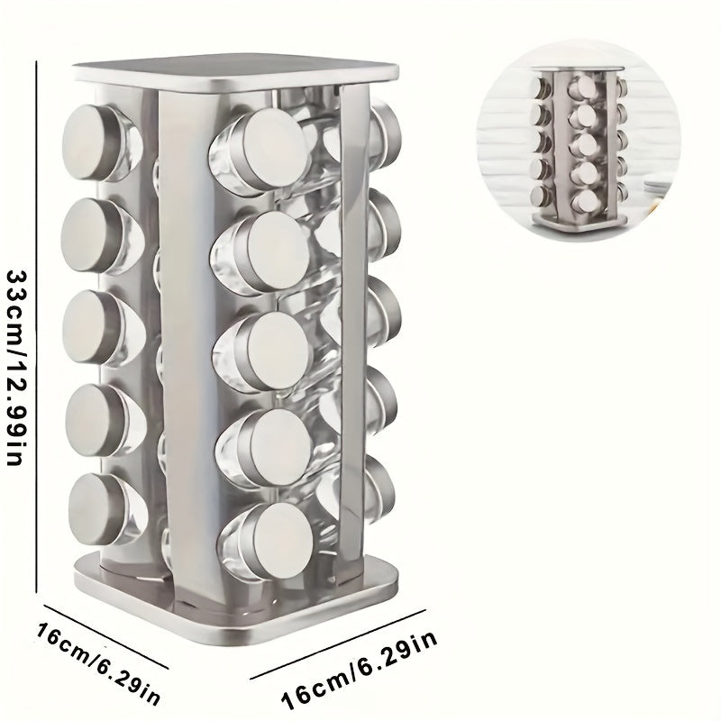 Organizador de estante de especias de acero inoxidable con 20 frascos, estante giratorio de encimera