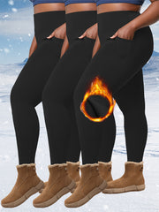 Women's Fleece-Lined High-Waist Leggings with Pockets Black Cold Weather