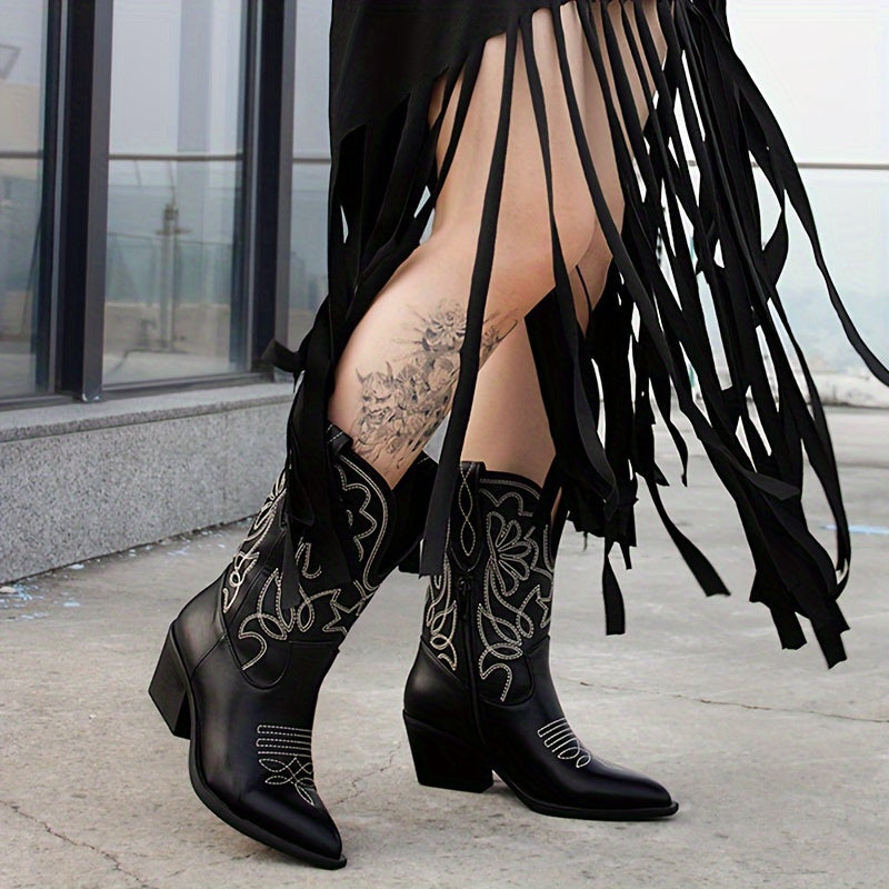 Women’s Western Cowboy Boots Black High Heel Dress Shoes Pointed Toe