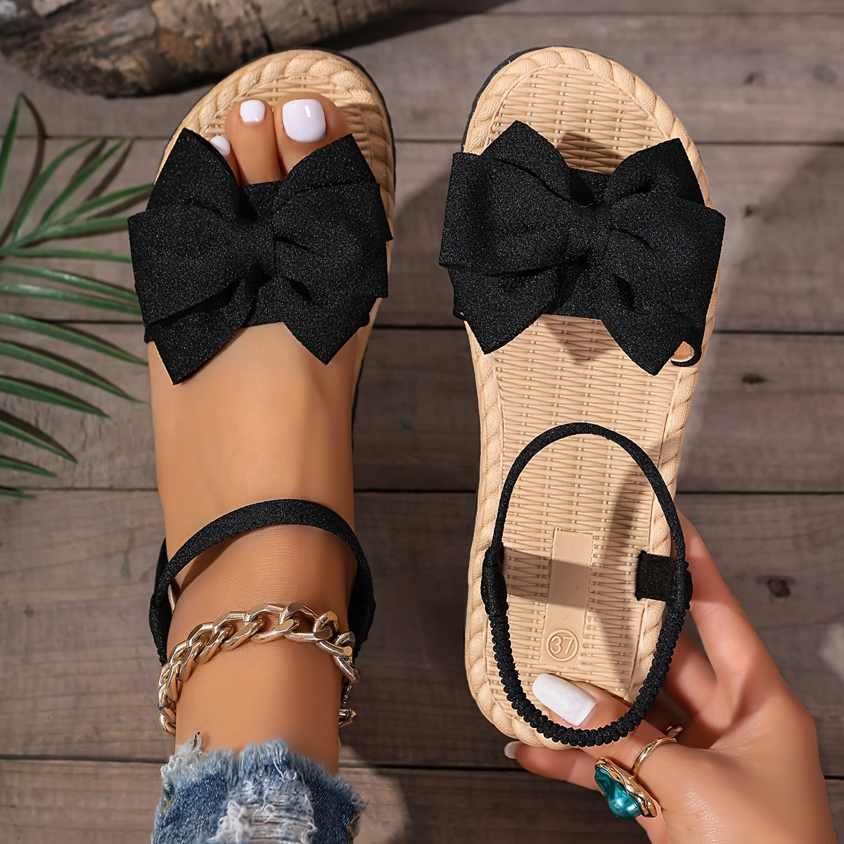 Women's Leopard Print Bow Detail Ankle Strap Sandals Breathing Fabric Flat Summer