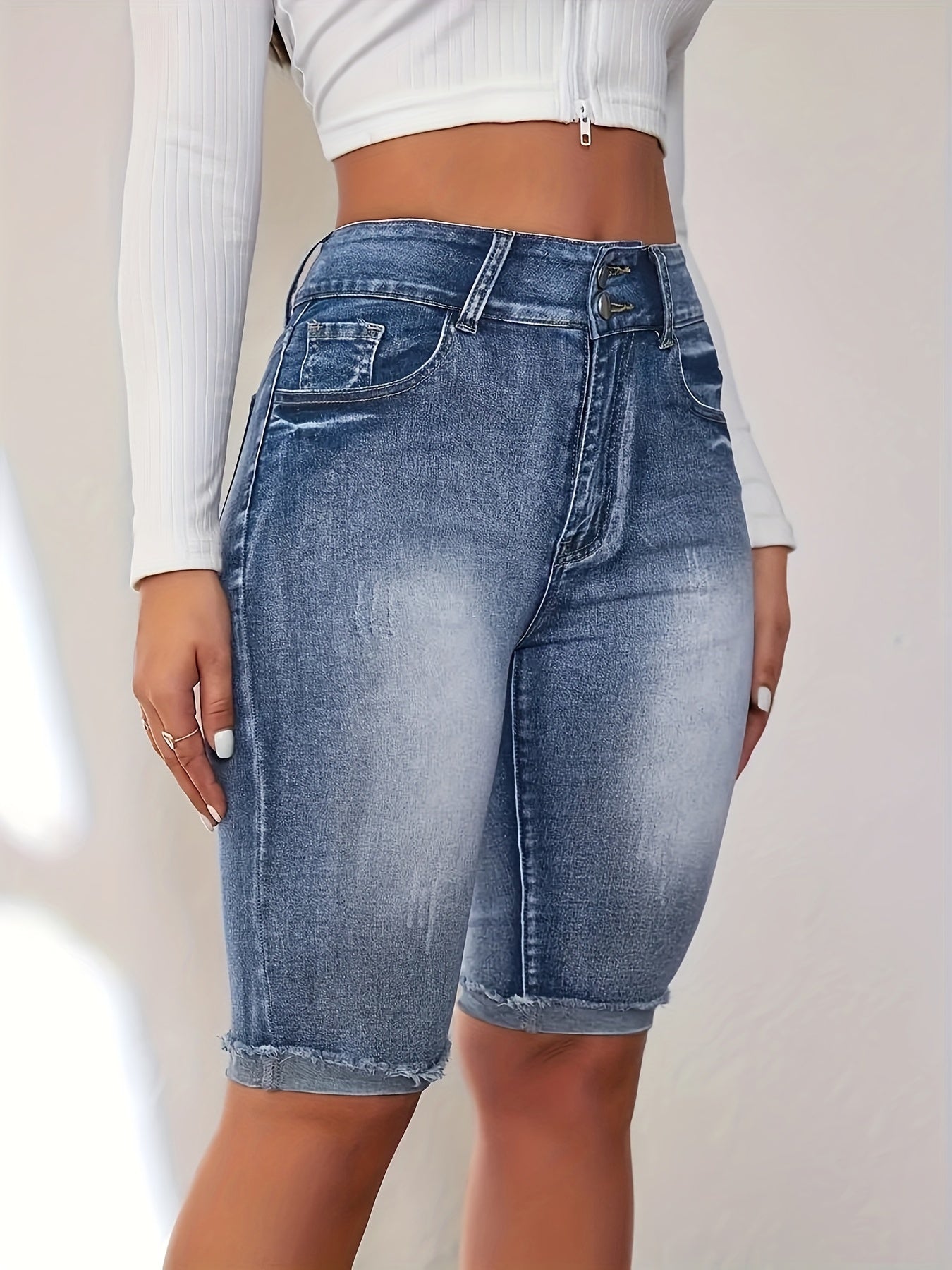 Plus Size Women's Washed Blue Stretch Bermuda Denim Shorts