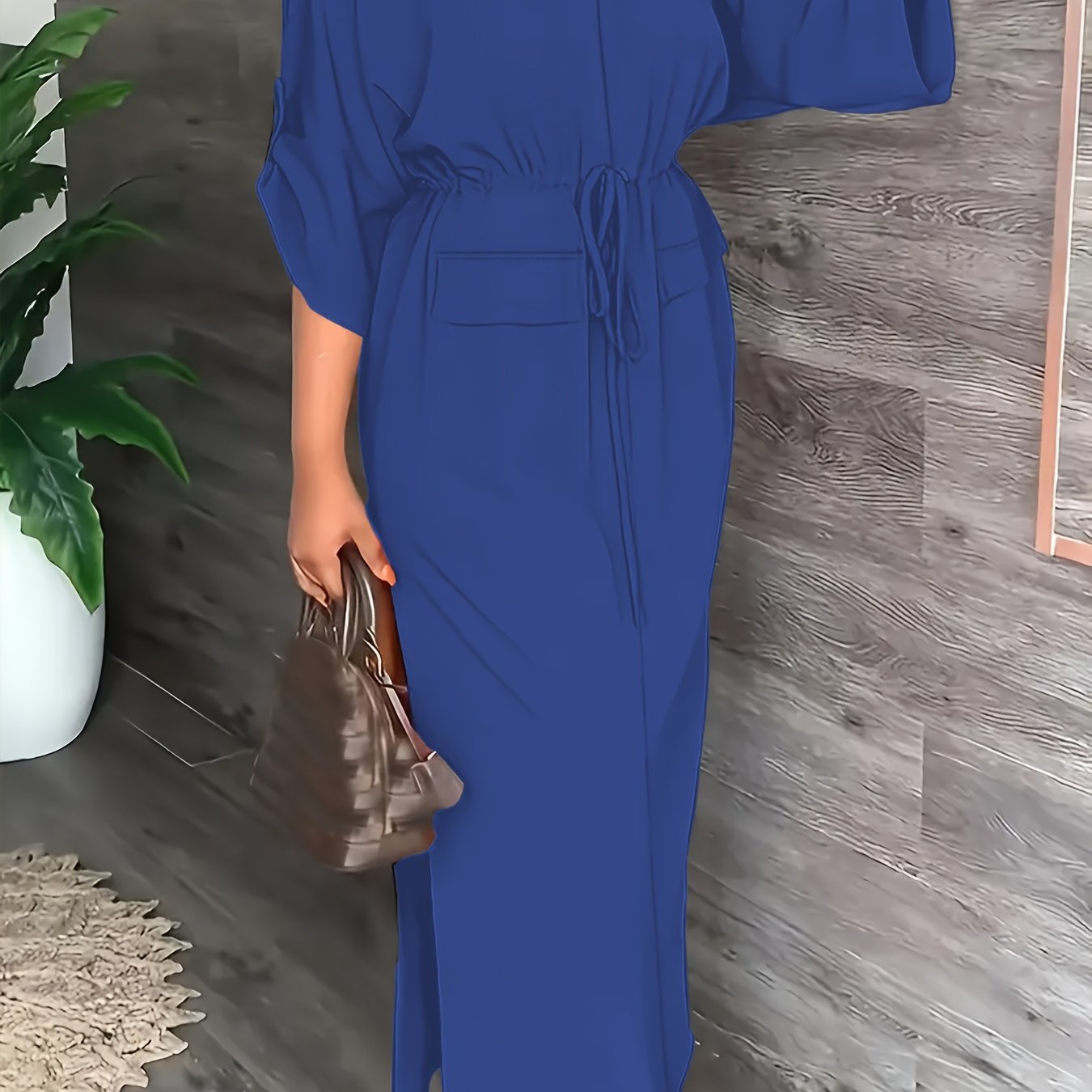 Women's Elegant Plain Color Split Dress with Pull-String Detail