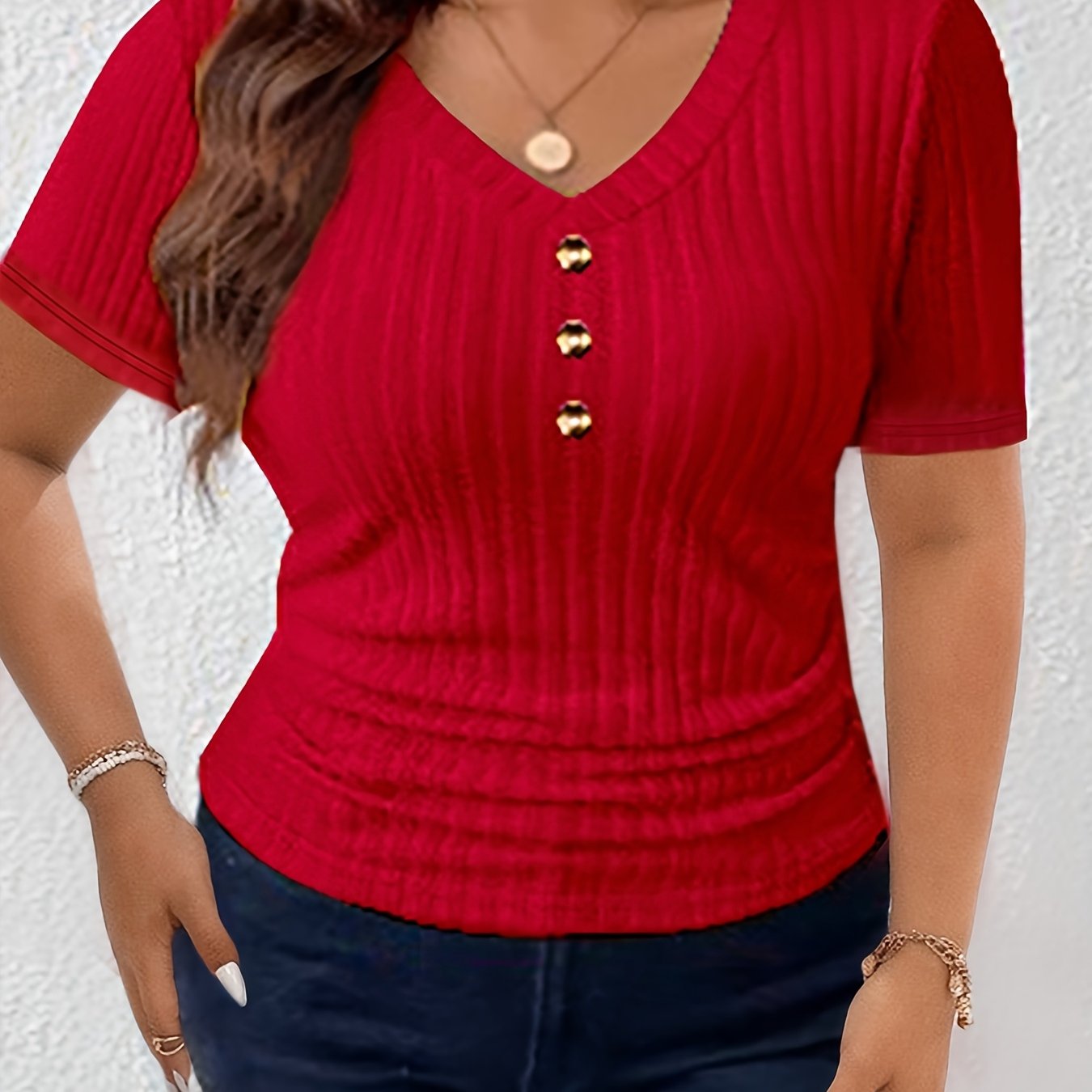 Women's Short Sleeve V-Neck T-Shirt with Gold Button Front Solid Color