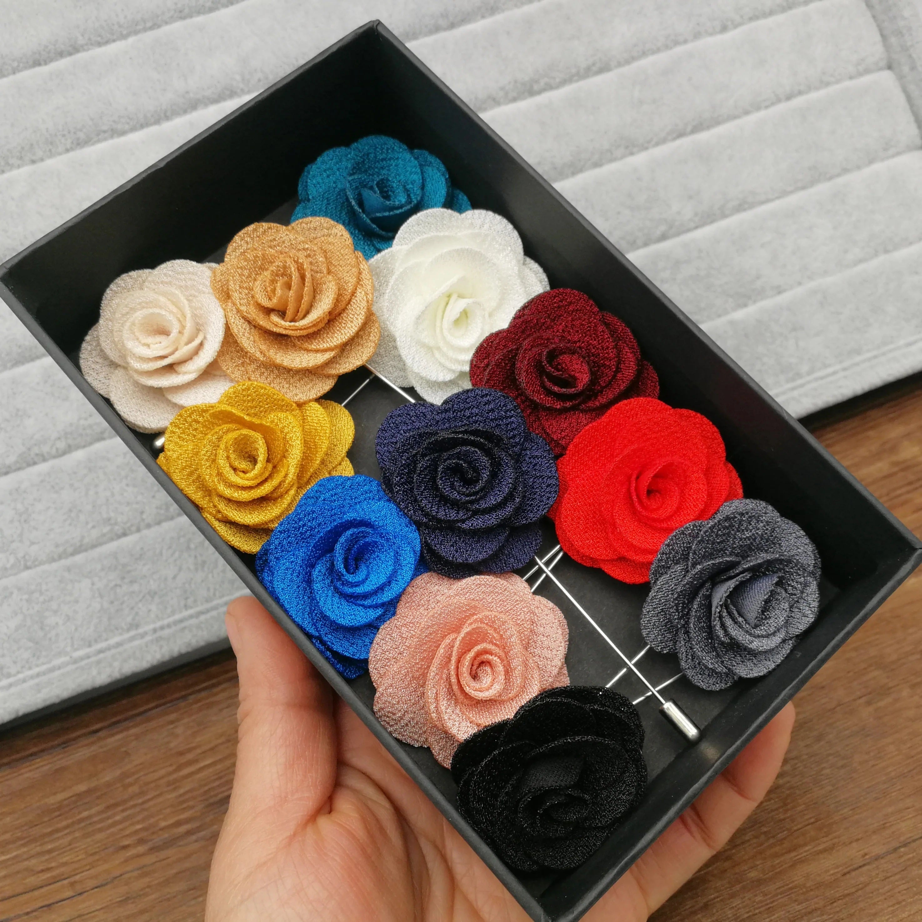 Set of 12 Fabric Flower Brooches in Assorted Colors for Women's and Men's Suit Accessories