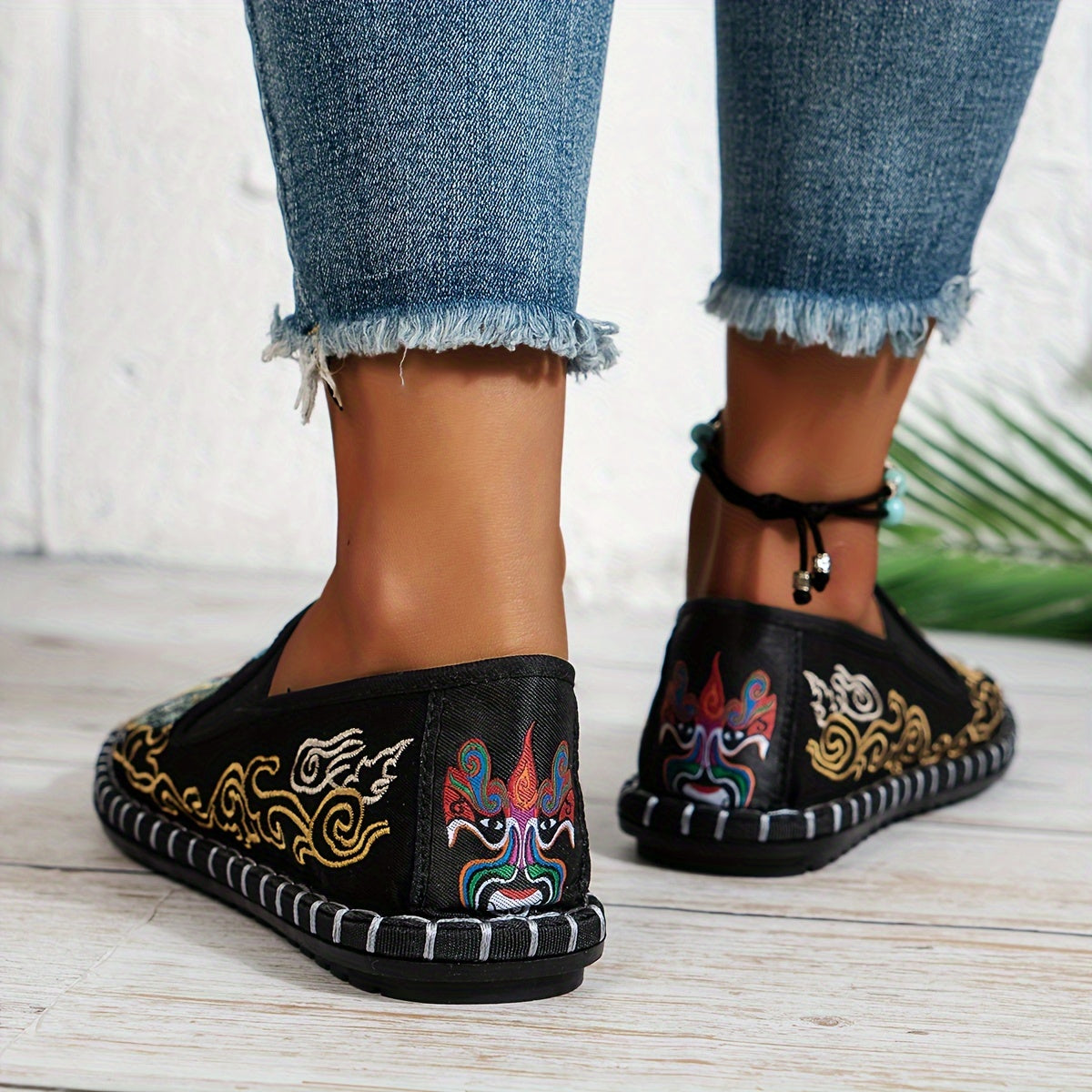 Women's Embroidered Animal Print Slip-On Flats Blue and Gold