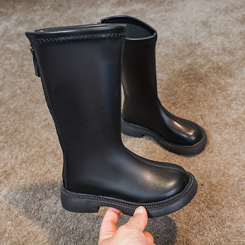 Girls Knee-High Boots with Zipper Solid Color Fall Winter Non-Slip Rubber Sole