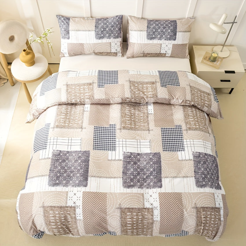 Full Size Cozy Duvet Cover Set with Patchwork Design and Zipper Closure Includes 1 Duvet Cover and 2 Pillowcases