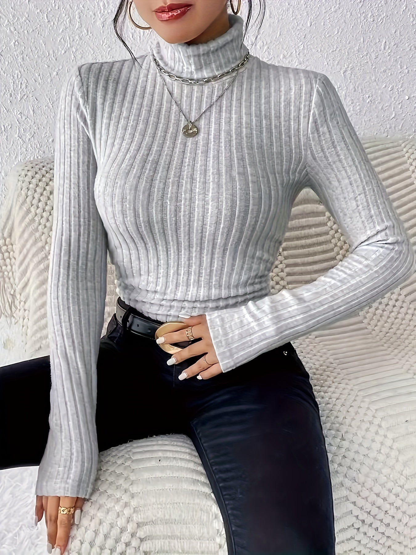 Women's Plus Size Ribbed Turtleneck Sweater Long Sleeve Knit Top