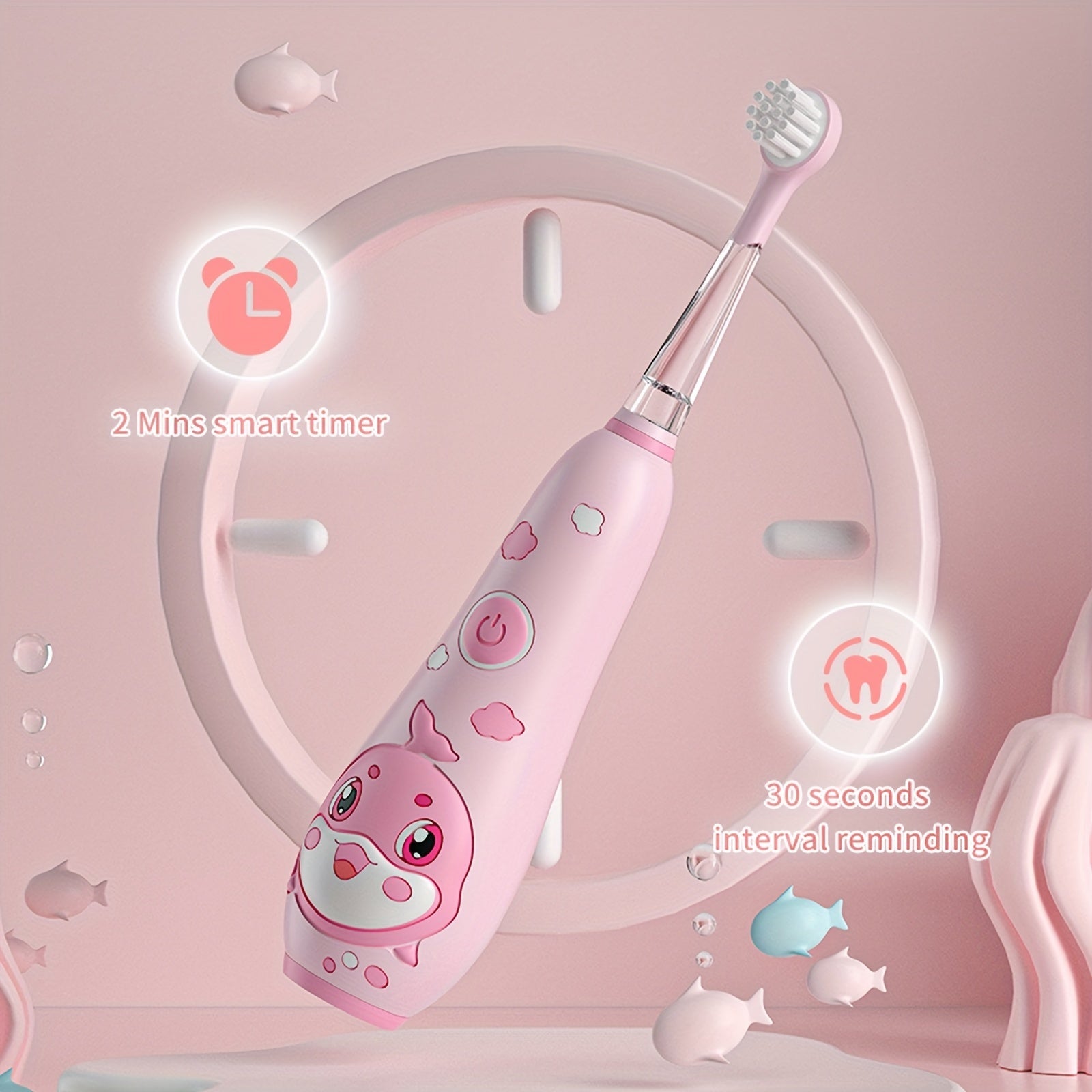 Kids Electric Toothbrush for Ages 0-6 with Whale Design, 8 Replacement Heads, 2-Minute Timer