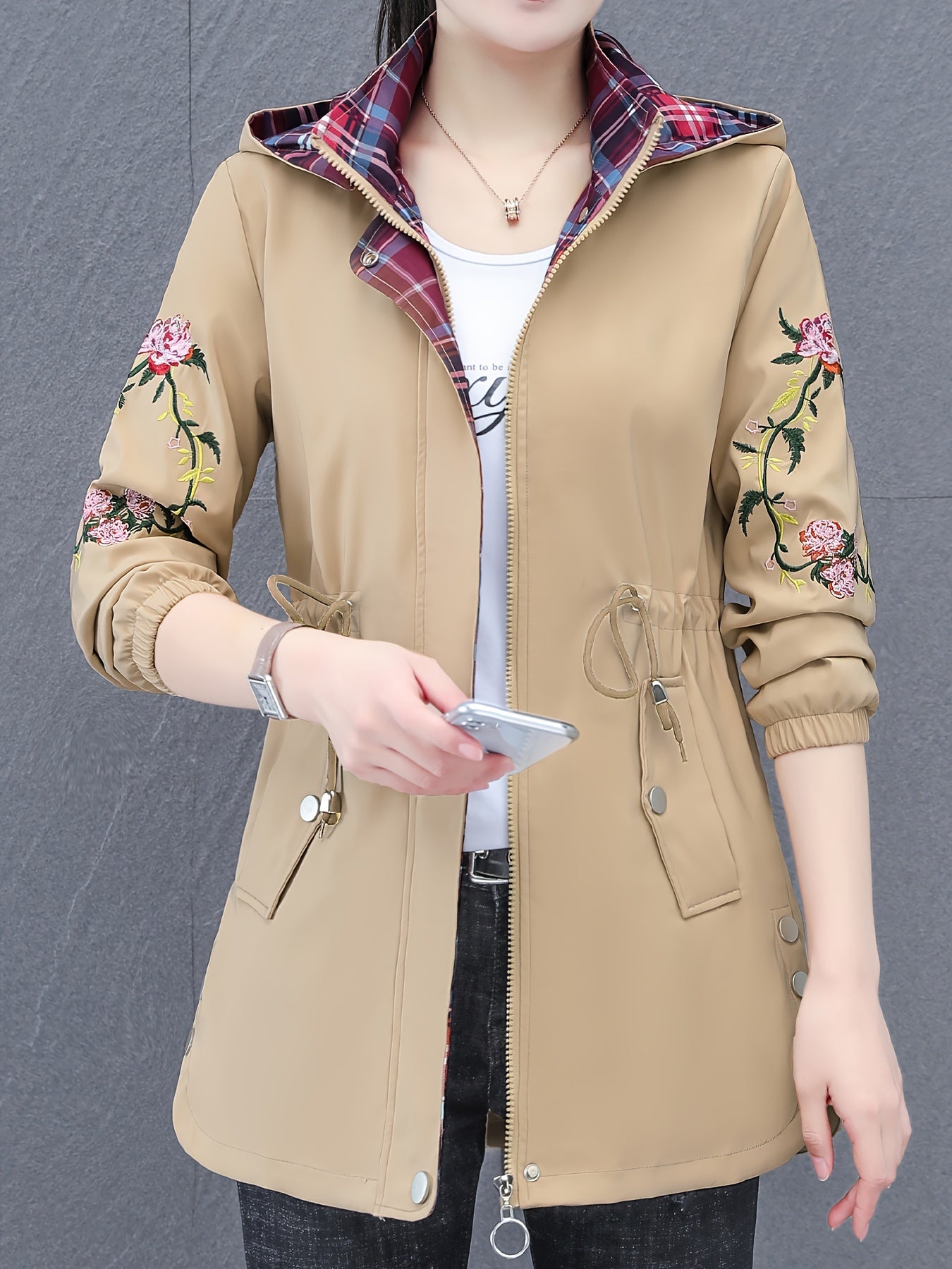 Women's Floral Hooded Jacket with Glossy Finish for Spring Fall Casual Weekend Wear