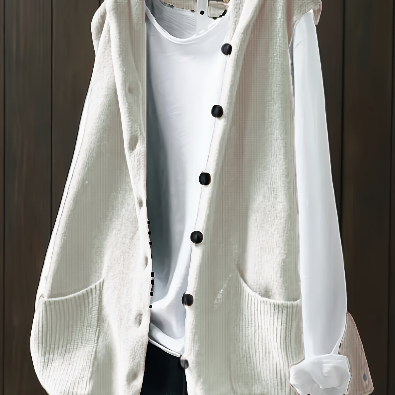 Women Knitted Sleeveless Vest with Double Pockets and Button Closure