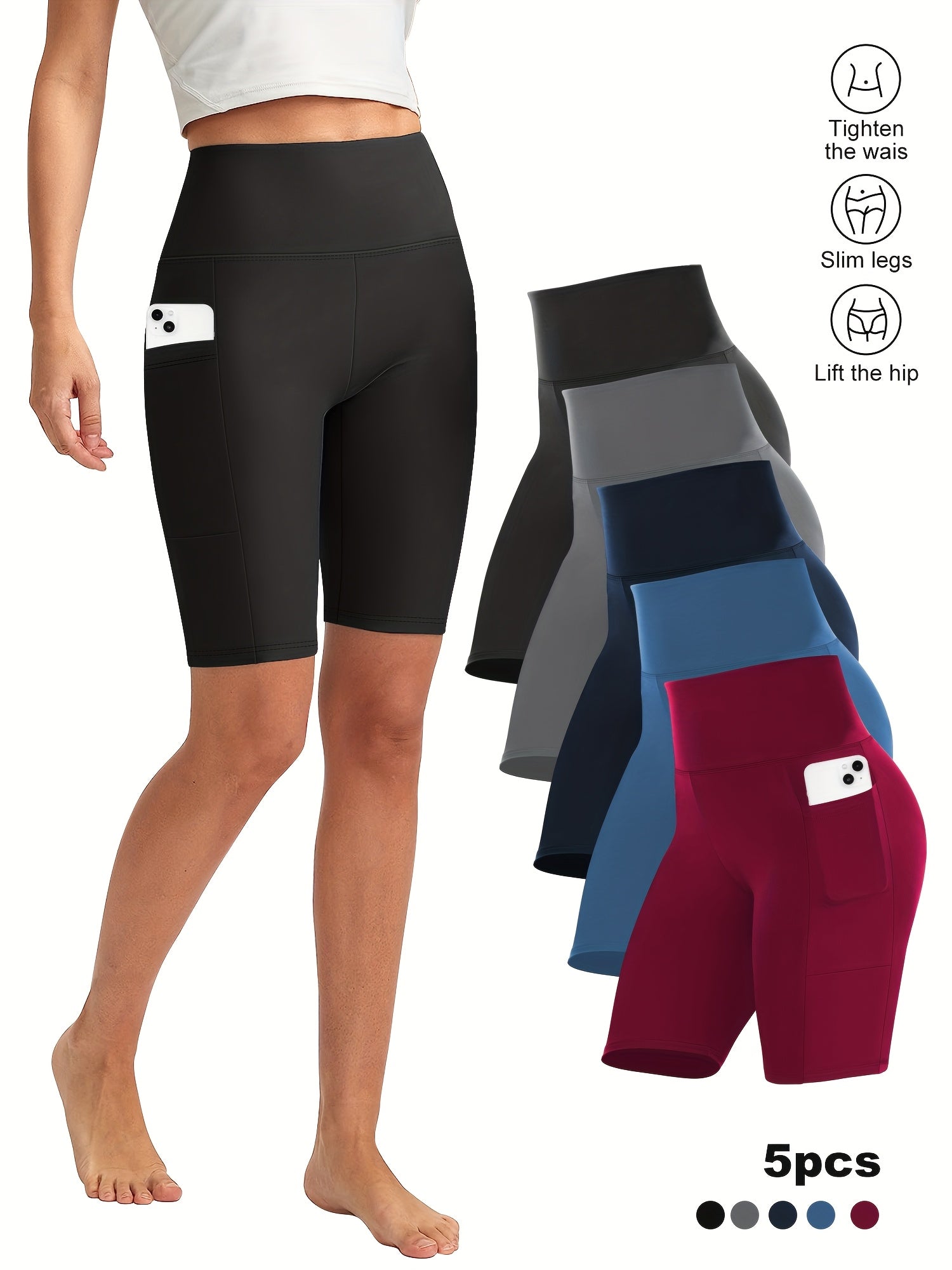 Women High-Waisted Pocket Shorts Polyester Knit Casual Summer Black Red Navy Blue Beige