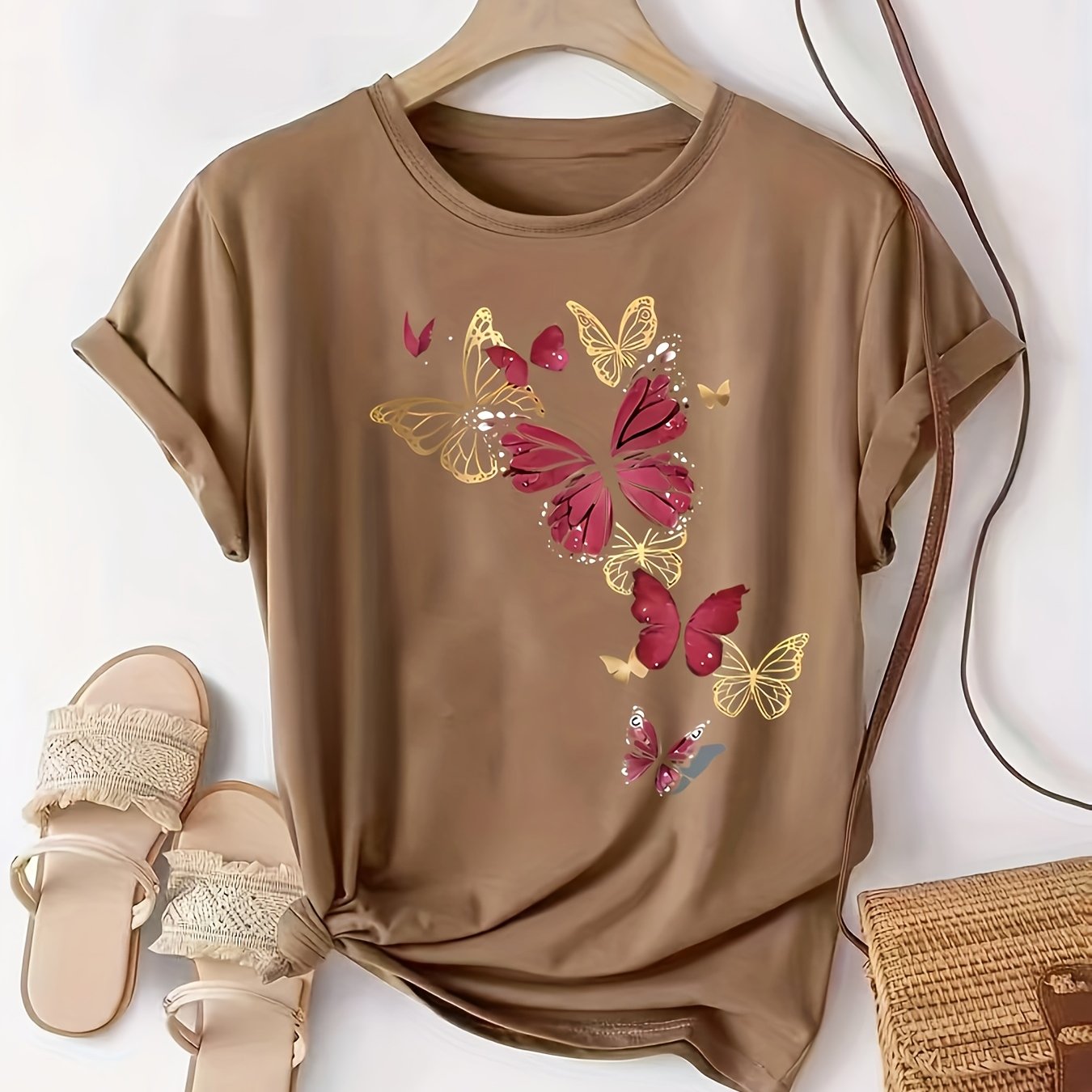 Women's Plus Size Casual Round Neck T-Shirt with Butterfly Print