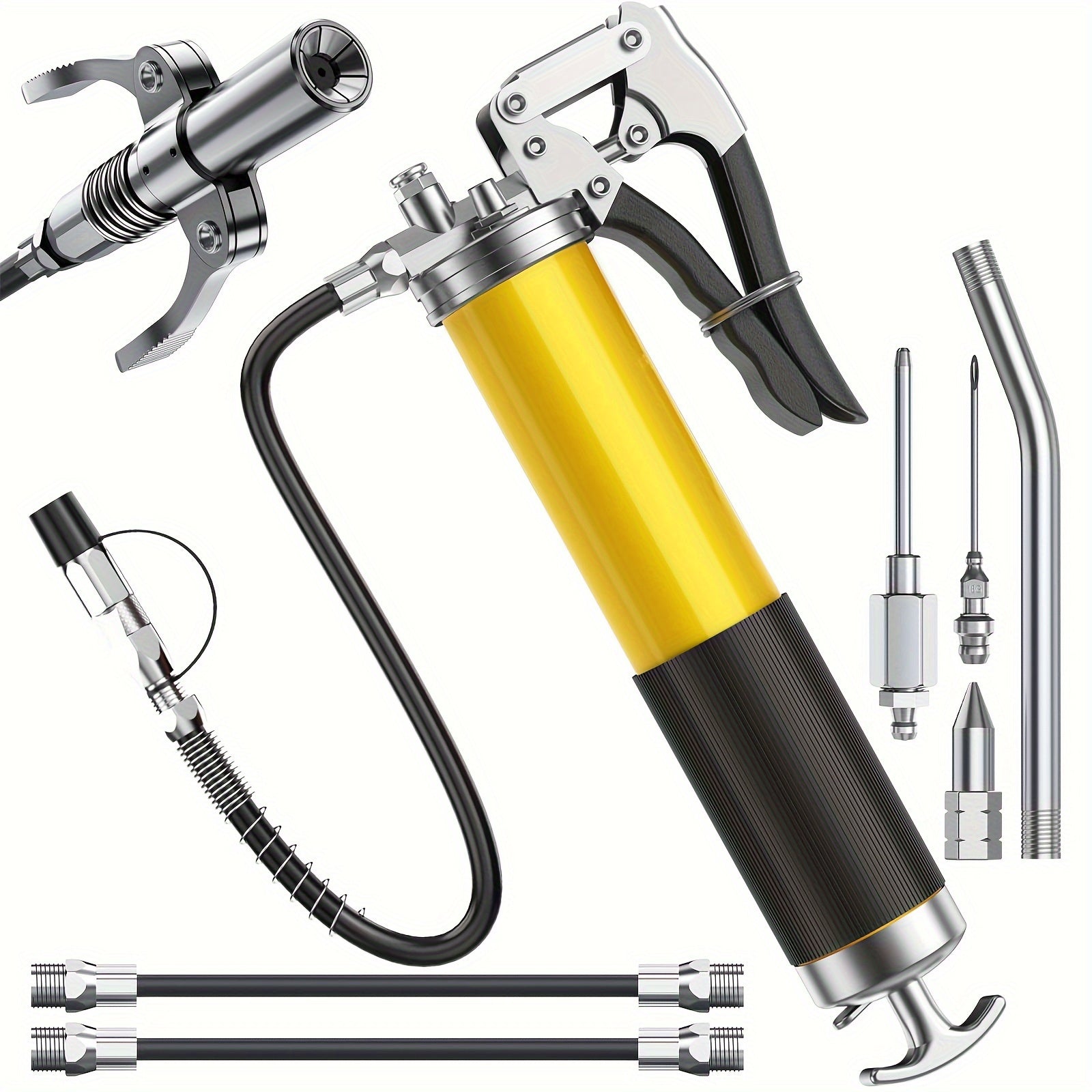 8000 PSI Pistol Grip Oil Gun Kit 14 oz yuk bilan, 45.72 sm shlang, 2 ulanish, 2 kengaytma quvurlari va 1 o'tkir nozzle bilan.