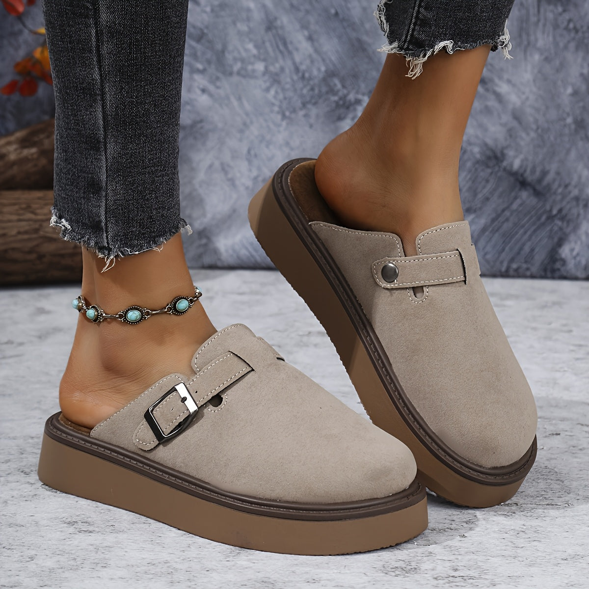 Women's Casual Buckle Loafers All-Season PU Upper Rubber Sole Flannel Insole