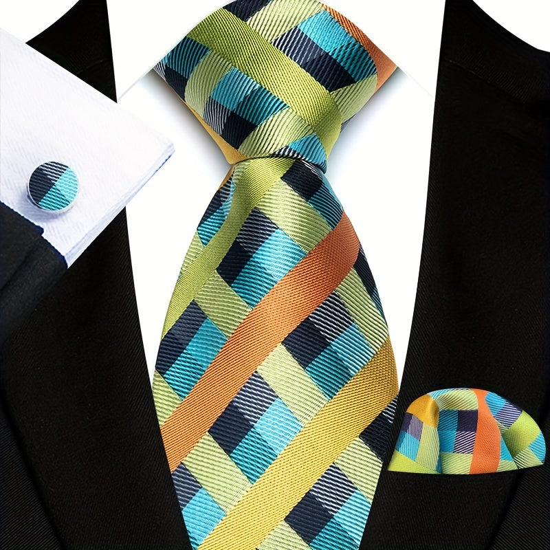 Men's Business Tie, Handkerchief, Cufflinks Set in Plaid and Stripe Designs