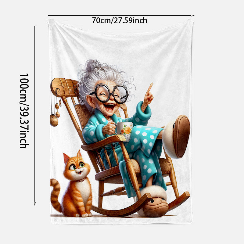 Senior Cozy Flannel Throw Blanket with Grandma and Cat Print All-Season Knitted Polyester