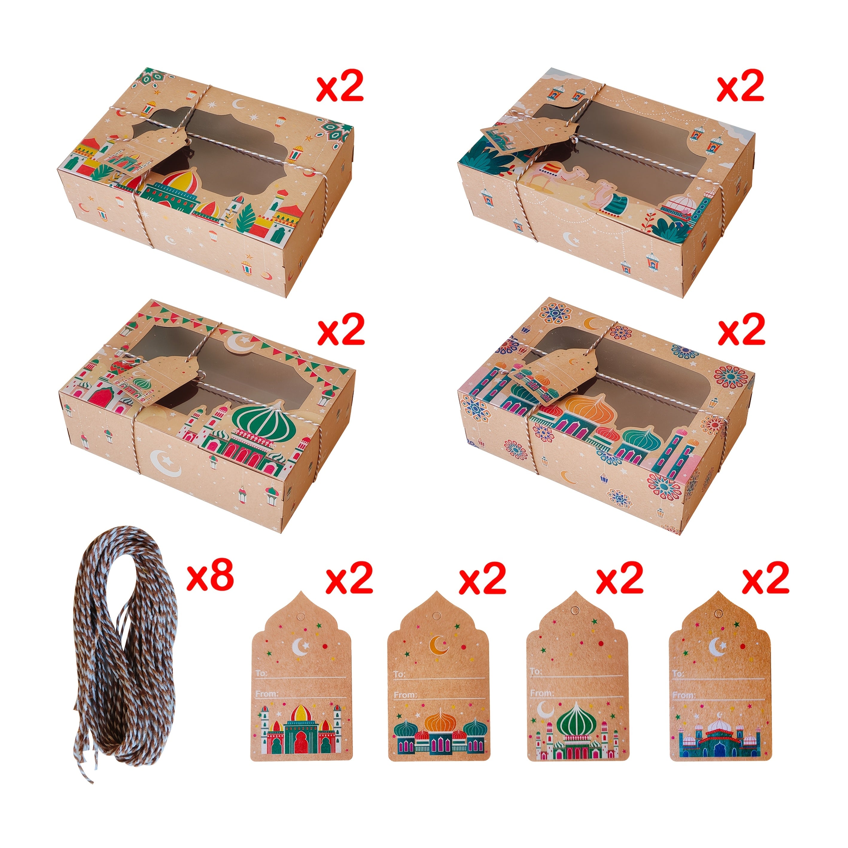 Eid Kraft Paper Gift Boxes with Islamic Designs and View Window for Ramadan Candy Packaging Set of 24