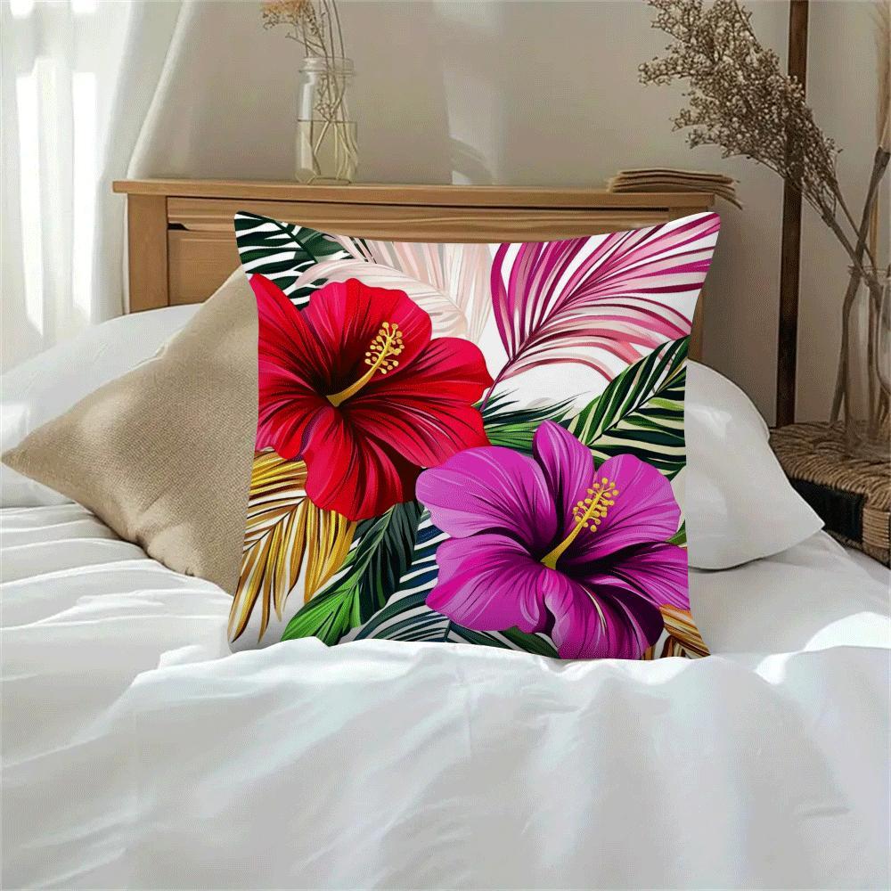 Hibiscus and Palm Print Pillowcase 45cm Polyester Zippered All-Season Cushion Cover