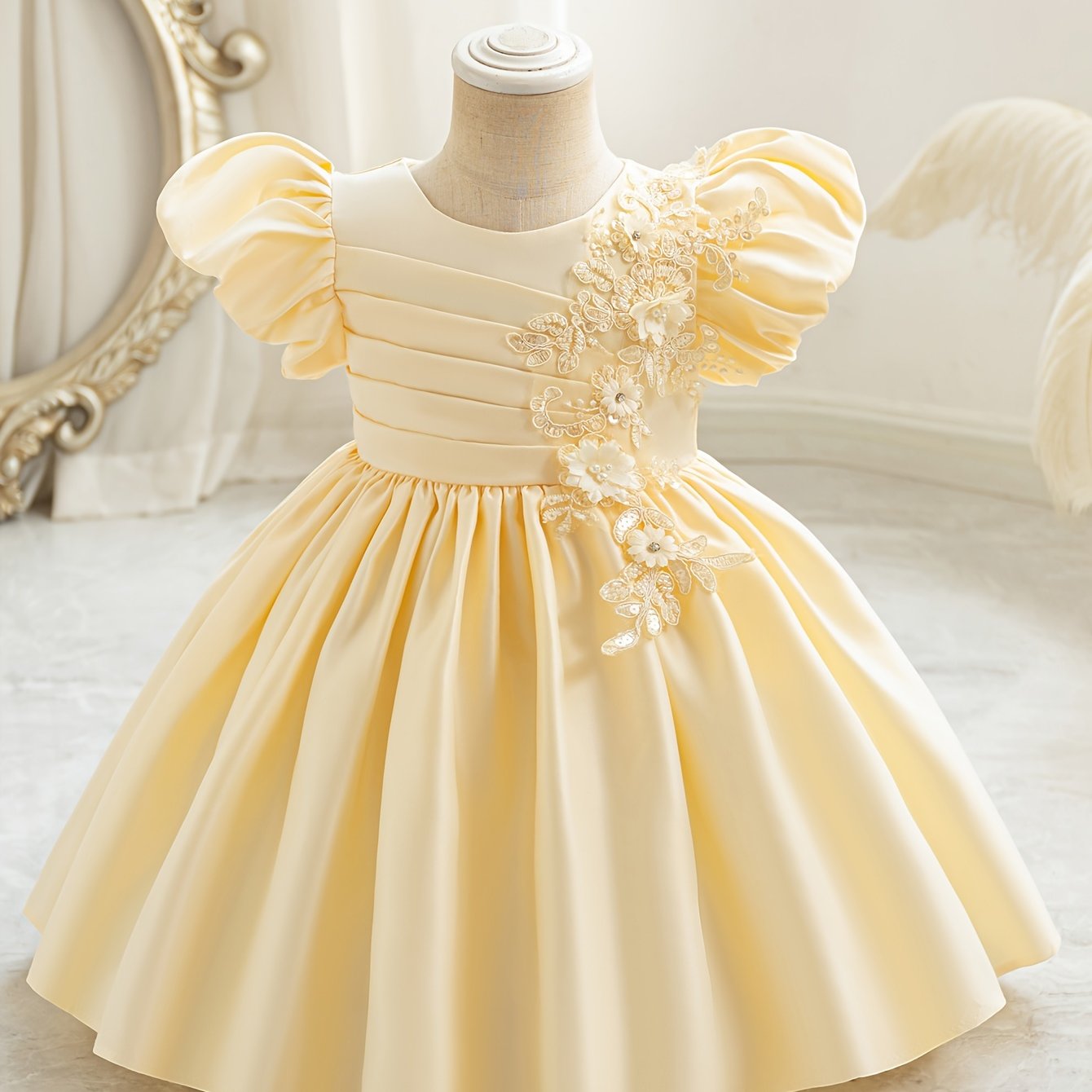 Vestido de princesa para niñas para ocasiones especiales, poliéster viscosa, hasta la rodilla, mangas farol, dobladillo acampanado