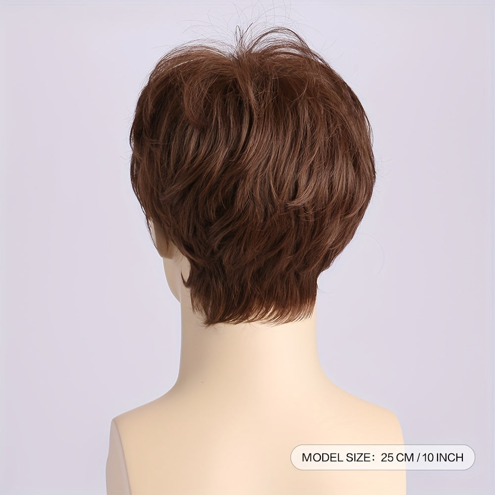 Short Curly Brown Wig for Men with Side Bangs, Heat Resistant Synthetic Fiber