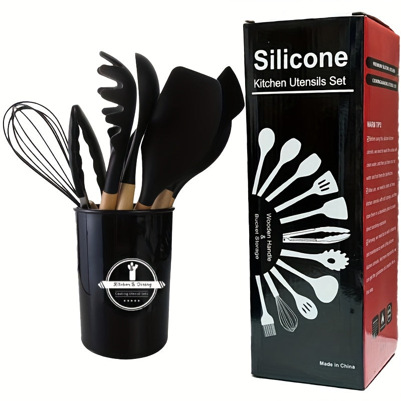 Набор из 12 антипригарных кухонных принадлежностей с подставкой - включает в себя лопатку с деревянной ручкой, щипцы, шпатель и многое другое - идеально подходит для домашних кухонь