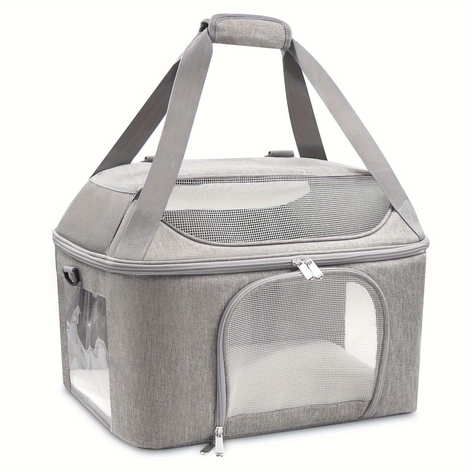 Durable Gray Polyester Pet Carrier Bag for Dogs and Cats with Zipper Closure
