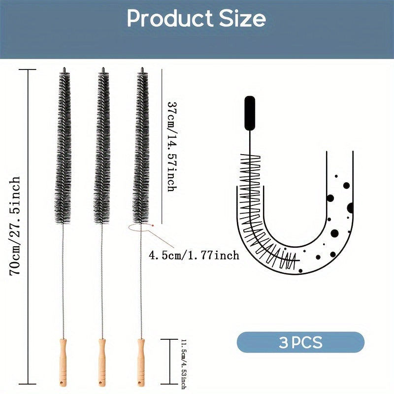 3-ta bo'lakli moslashuvchan quritgich vent cho'tkasi to'plami, yog'och tutqichlar bilan, chang va spiralni tozalash uchun