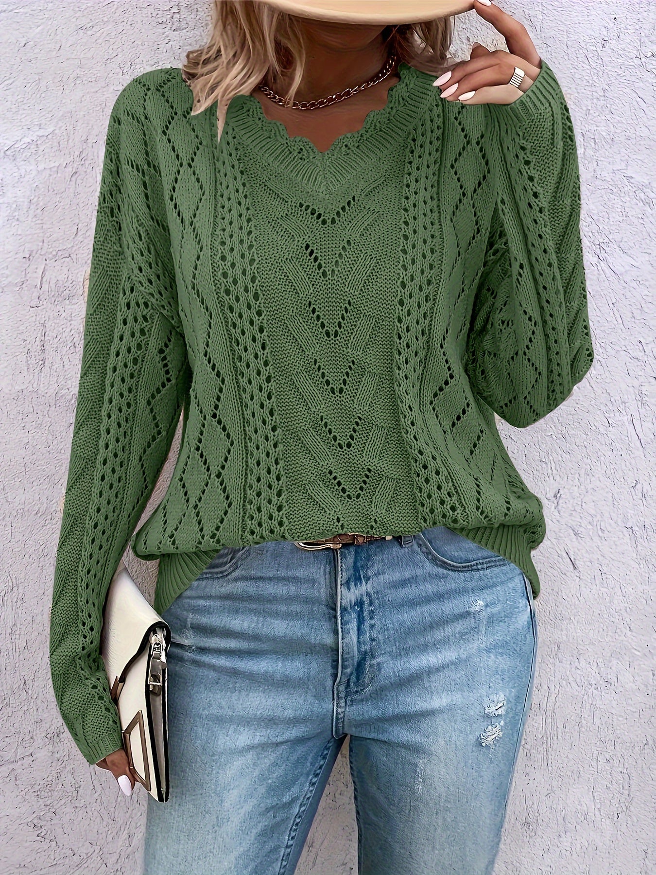 Women's Plus Size Sweater V-Neck Long Sleeve Floral Trim Jumper