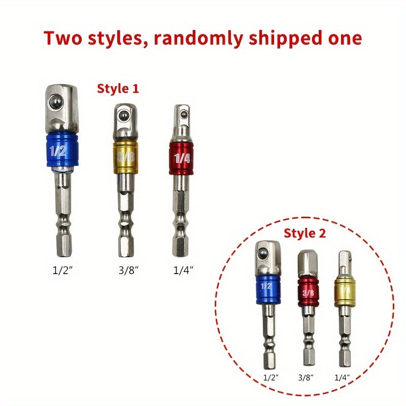 Juego de 3 piezas de adaptadores de enchufe de impacto de acero con anillos codificados por colores para taladros eléctricos
