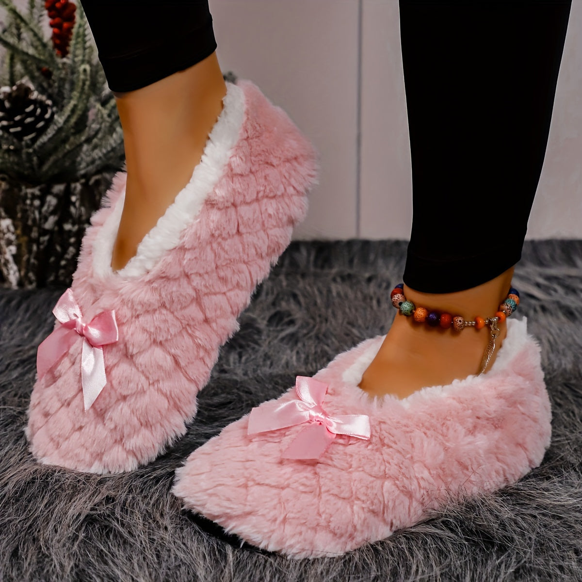 Women's Plush Rhombus Embossed Winter Slippers with Bow Pink Non-Slip Sole