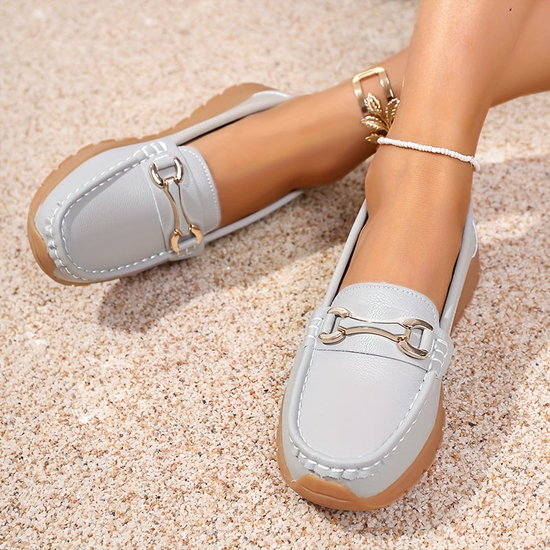 Women's Slip-On Loafers PU Cover Upper TPR Sole Metallic Buckle All-Season Flats