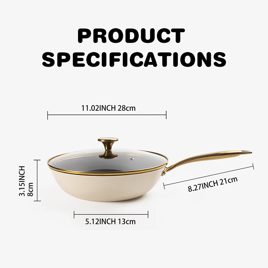 Flat-Bottomed Wok with Golden Handle for Chinese Cooking on Electric and Gas Stoves Dishwasher Safe Kitchen Cookware