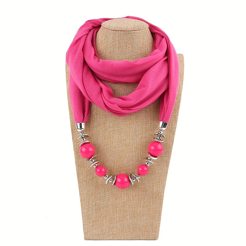 Women's Solid Color Infinity Scarf with Beaded Jewelry Necklace and Head Wrap